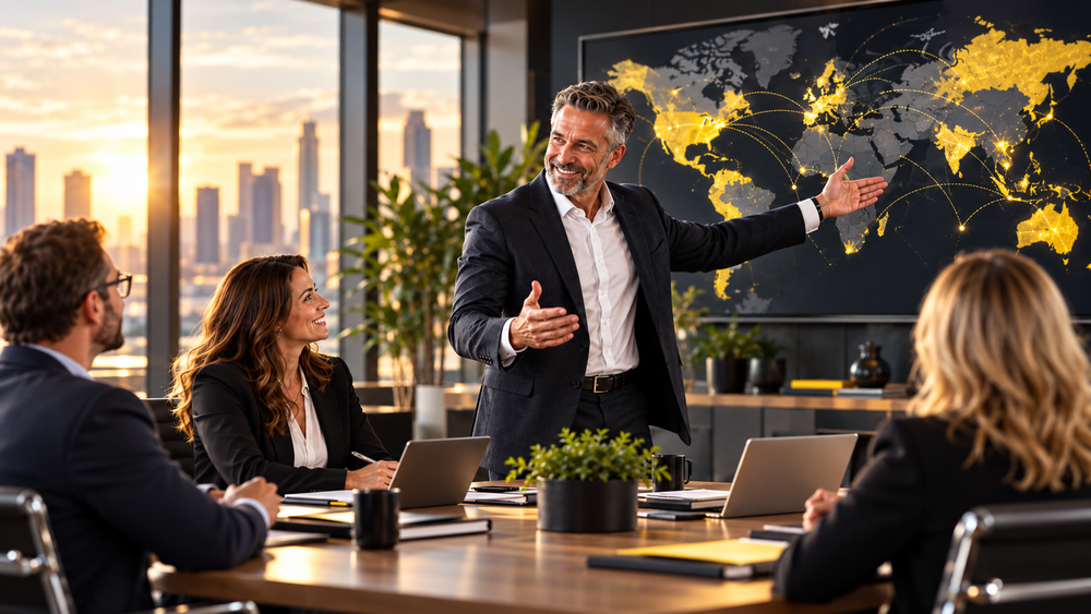 Leader presenting regional expansion plans to a team